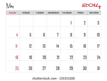 Calendar month of may 2014 in English