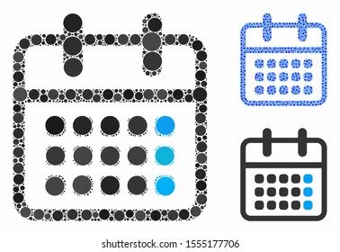 Calendar month mosaic of round dots in variable sizes and shades, based on calendar month icon. Vector round dots are organized into blue mosaic. Dotted calendar month icon in usual and blue versions.