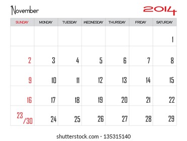 Calendar month of november 2014 in English