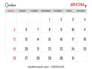 Calendar month of october 2014 in English