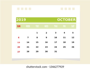 Calendar Month october 2019 Vector.
