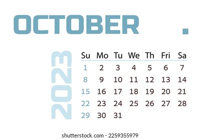 Calendar for the month of october 2023. blue Horizontal calendar for business. Vector template Simple design desktop calendar. Week Starts Sunday.