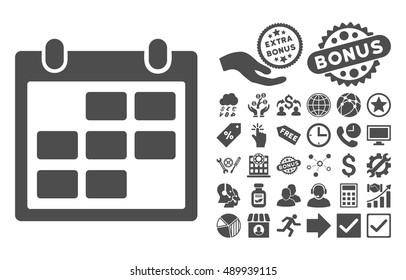 Calendar Month pictograph with bonus elements. Vector illustration style is flat iconic symbols, gray color, white background.