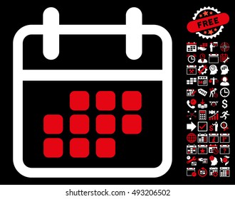 Calendar Month pictograph with bonus calendar and time management icon set. Vector illustration style is flat iconic bicolor symbols, red and white colors, black background.