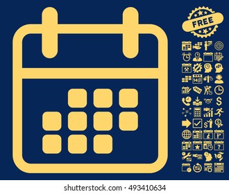 Calendar Month pictograph with bonus calendar and time management design elements. Vector illustration style is flat iconic symbols, yellow color, blue background.