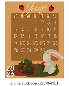 Calendar for the month with rabbits for 2023. Rabbit in June. Calendar month for printing on paper and textiles. Banner, leaflet, postcard.