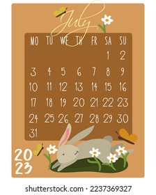 Calendar for the month with rabbits for 2023. Rabbit in July. Calendar month for printing on paper and textiles. Banner, leaflet, postcard.