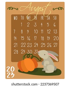 Calendar for the month with rabbits for 2023. Rabbit in August. Calendar month for printing on paper and textiles. Banner, leaflet, postcard.