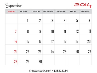 Calendar month of september 2014 in English