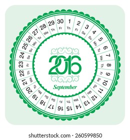 Calendar month September 2016, designed as circular