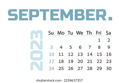 Calendar for the month of september 2023. blue Horizontal calendar for business. Vector template Simple design desktop calendar. Week Starts Sunday.