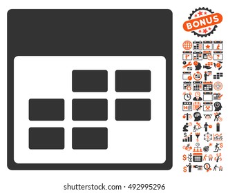 Calendar Month Table icon with bonus calendar and time management icon set. Vector illustration style is flat iconic bicolor symbols, orange and gray colors, white background.