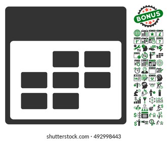 Calendar Month Table icon with bonus calendar and time management images. Vector illustration style is flat iconic bicolor symbols, green and gray colors, white background.