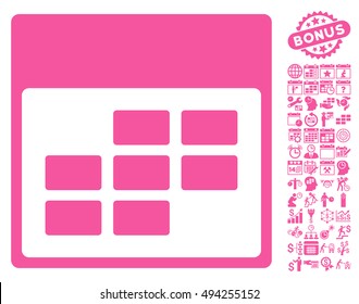 Calendar Month Table icon with bonus calendar and time management pictures. Vector illustration style is flat iconic symbols, pink color, white background.