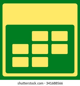 Calendar Month vector icon. Style is flat symbol, yellow color, rounded angles, green background.