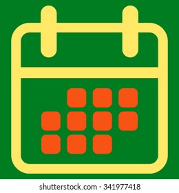 Calendar Month vector icon. Style is bicolor flat symbol, orange and yellow colors, rounded angles, green background.