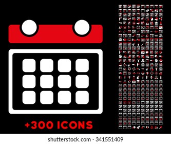 Calendar Month vector pictogram with additional 300 date and time management icons. Style is bicolor flat symbols, red and white colors, rounded angles, black background.