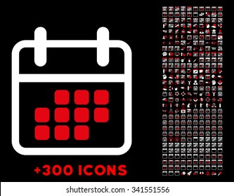 Calendar Month vector pictogram with additional 300 date and time management icons. Style is bicolor flat symbols, red and white colors, rounded angles, black background.