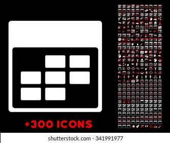 Calendar Month vector pictogram with additional 300 date and time management icons. Style is bicolor flat symbols, red and white colors, rounded angles, black background.