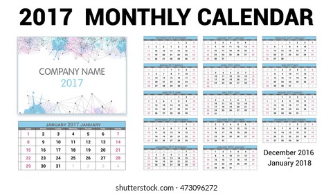 Calendar monthly for 2017 Year. Vector Stationery Design Print Template. Abstract connection cover  for science company or conference print.