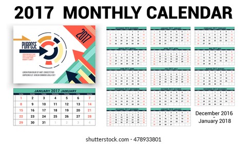 Calendar monthly for 2017 Year. Vector Stationery Design Print Template. Colorful design for business 