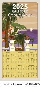 Calendar Monthly 2025 Cote de l azur French Riviera coast poster vintage. Resort, coast, sea, beach. Retro style illustration vector