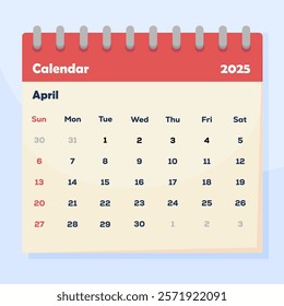 Calendar Monthly April 2025 Vector Illustration