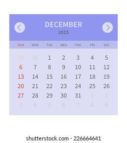 Calendar monthly december 2015 in flat design. Vector illustration