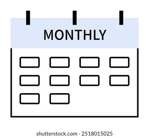 Un calendario con un encabezado MENSUAL, ganchos negros y una cuadrícula de cuadrados que representan días. Ideal para planificadores, horarios, recordatorios, gestión del tiempo y organización.