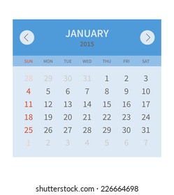 Calendar monthly january 2015 in flat design. Vector illustration