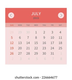Calendar monthly july 2015 in flat design. Vector illustration