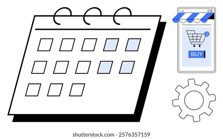Calendar with monthly layout and highlighted dates, smartphone with shopping cart and buy button, and a gear symbol. Ideal for online shopping, scheduling, e-commerce, digital planning