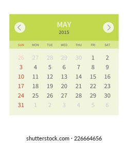 Calendar monthly may 2015 in flat design. Vector illustration