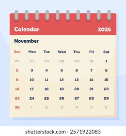 Calendar Monthly November 2025 Vector Illustration