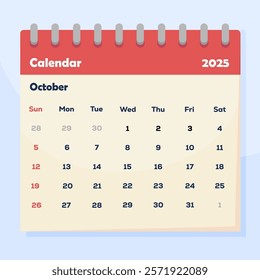 Calendar Monthly October 2025 Vector Illustration