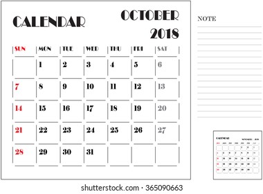 calendar monthly plan, paper design, week starts with Sunday, October 2018