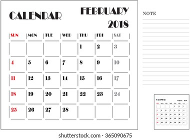 calendar monthly plan, paper design, week starts with Sunday, February 2018