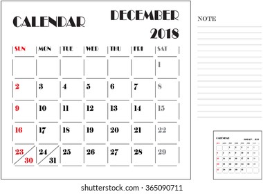 calendar monthly plan, paper design, week starts with Sunday, December 2018