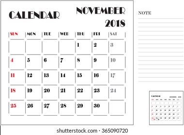 calendar monthly plan, paper design, week starts with Sunday, November 2018