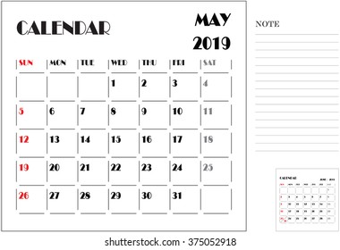 calendar monthly plan, paper design, week starts with Sunday, May 2019
