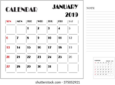 calendar monthly plan, paper design, week starts with Sunday, January 2019