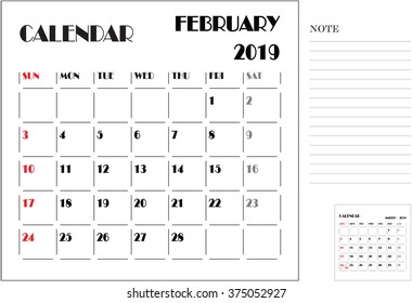 calendar monthly plan, paper design, week starts with Sunday, February 2019