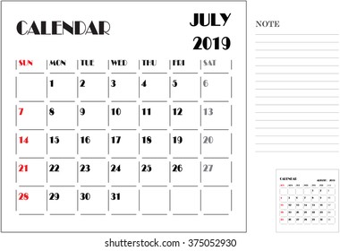 calendar monthly plan, paper design, week starts with Sunday, July 2019