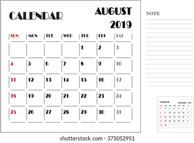calendar monthly plan, paper design, week starts with Sunday, August 2019