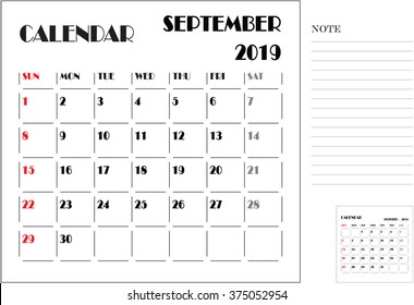 calendar monthly plan, paper design, week starts with Sunday, September 2019