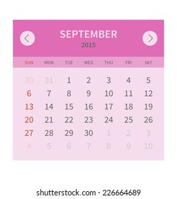 Calendar monthly september 2015 in flat design. Vector illustration