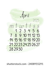 Calendar monthly template for April 2025 in simple minimalist style vertical portrait orientation, abstract colorful shapeless background, week starts on Monday, vector printable page