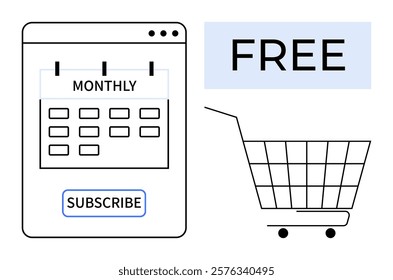 Calendar with monthly text and subscribe button. Shopping cart with free sign. Ideal for subscription models, e-commerce, free trials, shopping, marketing strategies. Flat line style