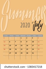 Calendar monthly week start sunday with hand drawn summer month: july. Template for your design