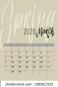 Calendar monthly week start sunday with hand drawn spring month: march. Template for your design